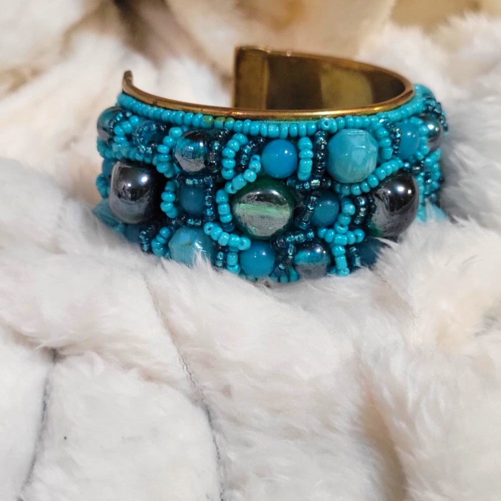 Blue and Gold Mosaic Bracelet with Turquoise Accents